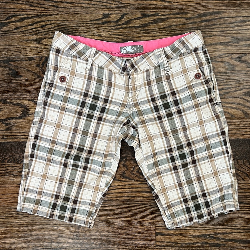 O'Neill Brown Plaid Shorts with Pink Detail